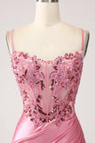 Pink Mermaid Spaghetti Straps Sequin Corset Formal Dress with Slit