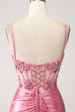 Pink Mermaid Spaghetti Straps Sequin Corset Formal Dress with Slit