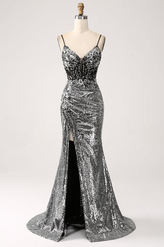 Black Sparkly Mermaid Spaghetti Straps Corset Formal Dress with Slit