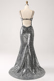 Black Sparkly Mermaid Spaghetti Straps Corset Formal Dress with Slit