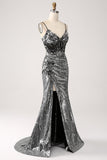 Black Sparkly Mermaid Spaghetti Straps Corset Formal Dress with Slit