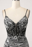 Black Sparkly Mermaid Spaghetti Straps Corset Formal Dress with Slit