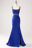 Royal Blue Mermaid Corset Beaded Long Formal Dress with Slit