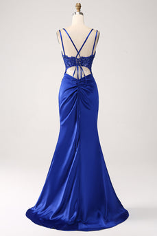 Royal Blue Mermaid Corset Beaded Long Formal Dress with Slit