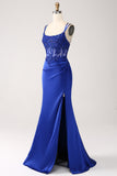 Royal Blue Mermaid Corset Beaded Long Formal Dress with Slit