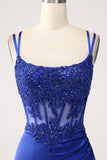 Royal Blue Mermaid Corset Beaded Long Formal Dress with Slit