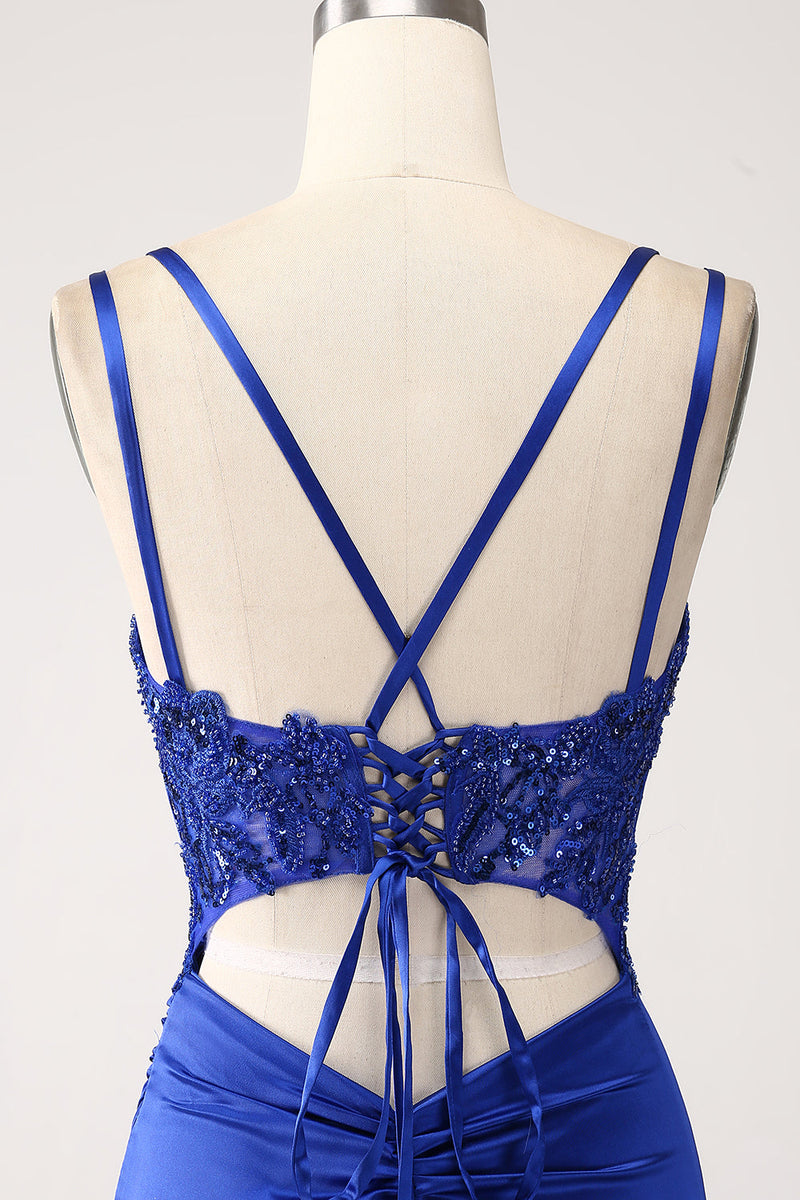 Load image into Gallery viewer, Royal Blue Mermaid Corset Beaded Long Formal Dress with Slit