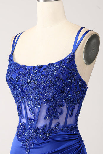 Royal Blue Mermaid Corset Beaded Long Formal Dress with Slit