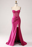 Fuchsia Mermaid Sweetheart Pleated Long Corset Satin Formal Dress With Slit