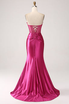 Fuchsia Mermaid Sweetheart Pleated Long Corset Satin Formal Dress With Slit