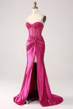 Fuchsia Mermaid Sweetheart Pleated Long Corset Satin Formal Dress With Slit