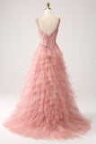 Blush A-Line Spaghetti Straps Tiered Tulle Corset Long Formal Dress