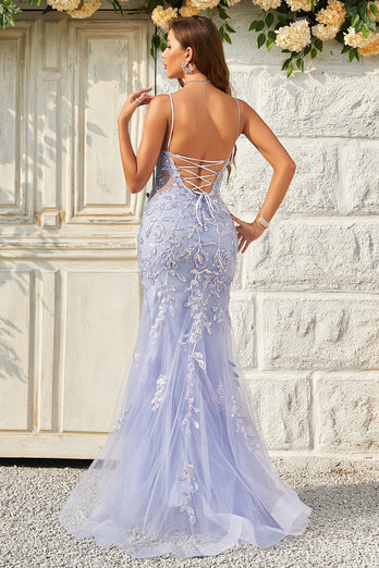 Mermaid Spaghetti Straps Purple Tulle Long Formal Dress With Appliques