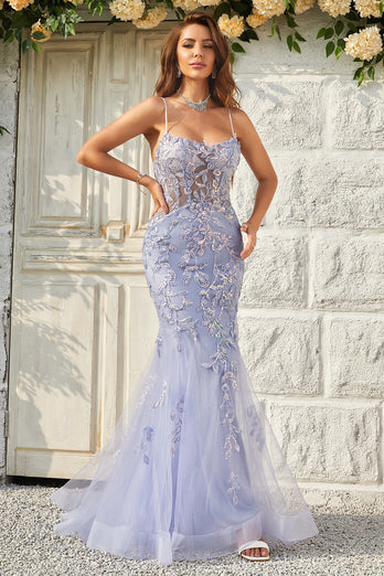 Mermaid Spaghetti Straps Purple Tulle Long Formal Dress With Appliques
