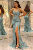 Mermaid Spaghetti Straps Green Long Formal Dress with Split Front