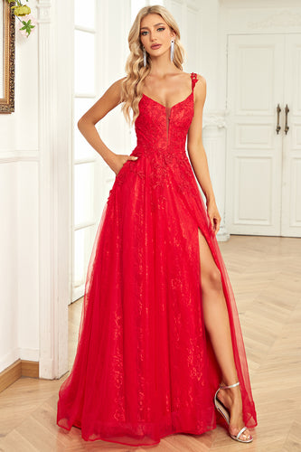 A Line Spaghetti Straps Red Long Formal Dress with Appliques