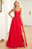 A Line Spaghetti Straps Red Long Formal Dress with Appliques