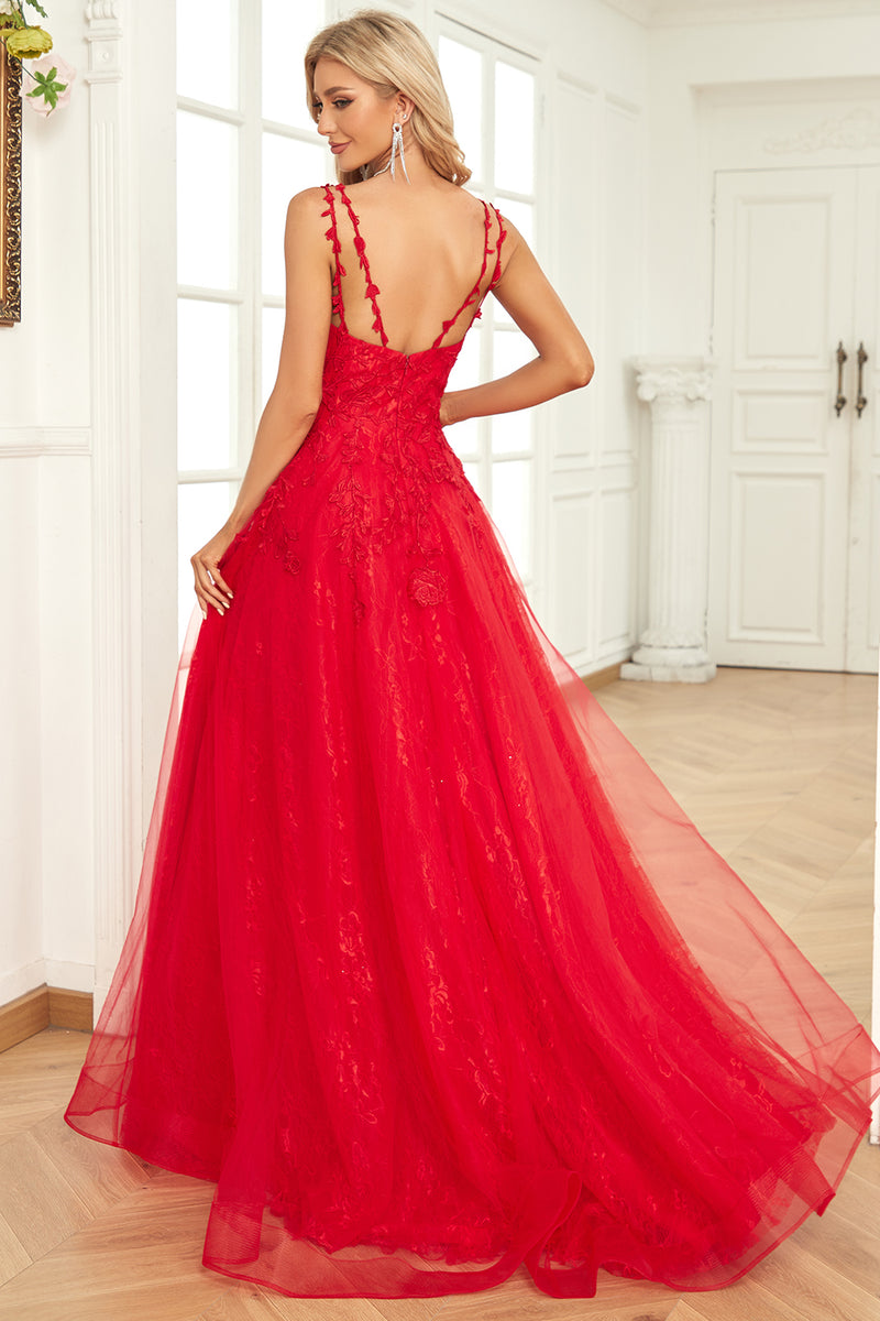 Load image into Gallery viewer, A Line Spaghetti Straps Red Long Formal Dress with Appliques
