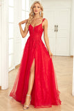 A Line Spaghetti Straps Red Long Formal Dress with Appliques