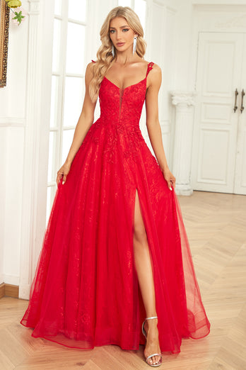 A Line Spaghetti Straps Red Long Formal Dress with Appliques