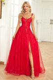 A Line Spaghetti Straps Red Long Formal Dress with Appliques