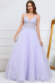 Sparkly Purple A Line V Neck Long Formal Dress with 3D Flowers