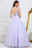 Sparkly Purple A Line V Neck Long Formal Dress with 3D Flowers