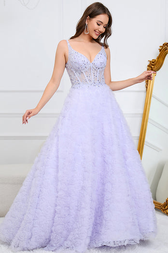 Sparkly Purple A Line V Neck Long Formal Dress with 3D Flowers