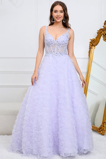 Sparkly Purple A Line V Neck Long Formal Dress with 3D Flowers