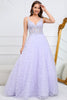 Load image into Gallery viewer, Sparkly Purple A Line V Neck Long Formal Dress with 3D Flowers