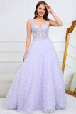 Sparkly Purple A Line V Neck Long Formal Dress with 3D Flowers