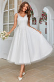 White Mid-Calf Tulle Wedding Dress with Lace