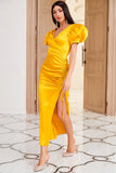 Sheath V Neck Yellow Party Dress with Shirring