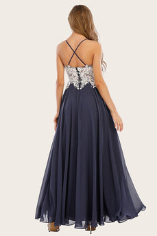 Dusty Blue Long Chiffon Prom Dress with Lace