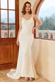 Mermaid Spaghetti Straps White Wedding Dress with Button