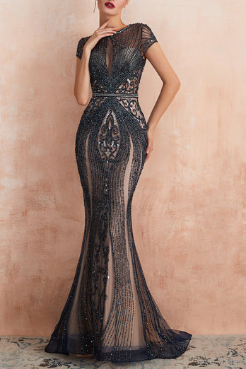 Luxurious Mermaid Jewel Neck Champagne Formal Dress with Beading