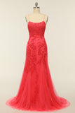 Mermaid Spaghetti Straps Light Pink Long Formal Dress with Appliques