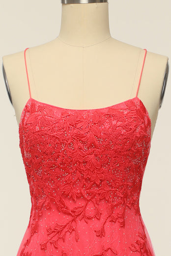 Coral Backless Long Formal Dress with Appliques