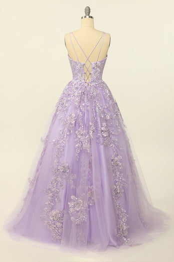 Purple Spaghetti Straps Formal Dress With Appliques