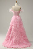 A Line Off the Shoulder Pink Corset Formal Dress with Ruffled Feathers