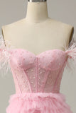 A Line Off the Shoulder Pink Corset Formal Dress with Ruffled Feathers