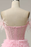 A Line Off the Shoulder Pink Corset Formal Dress with Ruffled Feathers