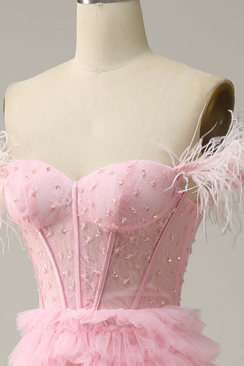 A Line Off the Shoulder Pink Corset Formal Dress with Ruffled Feathers