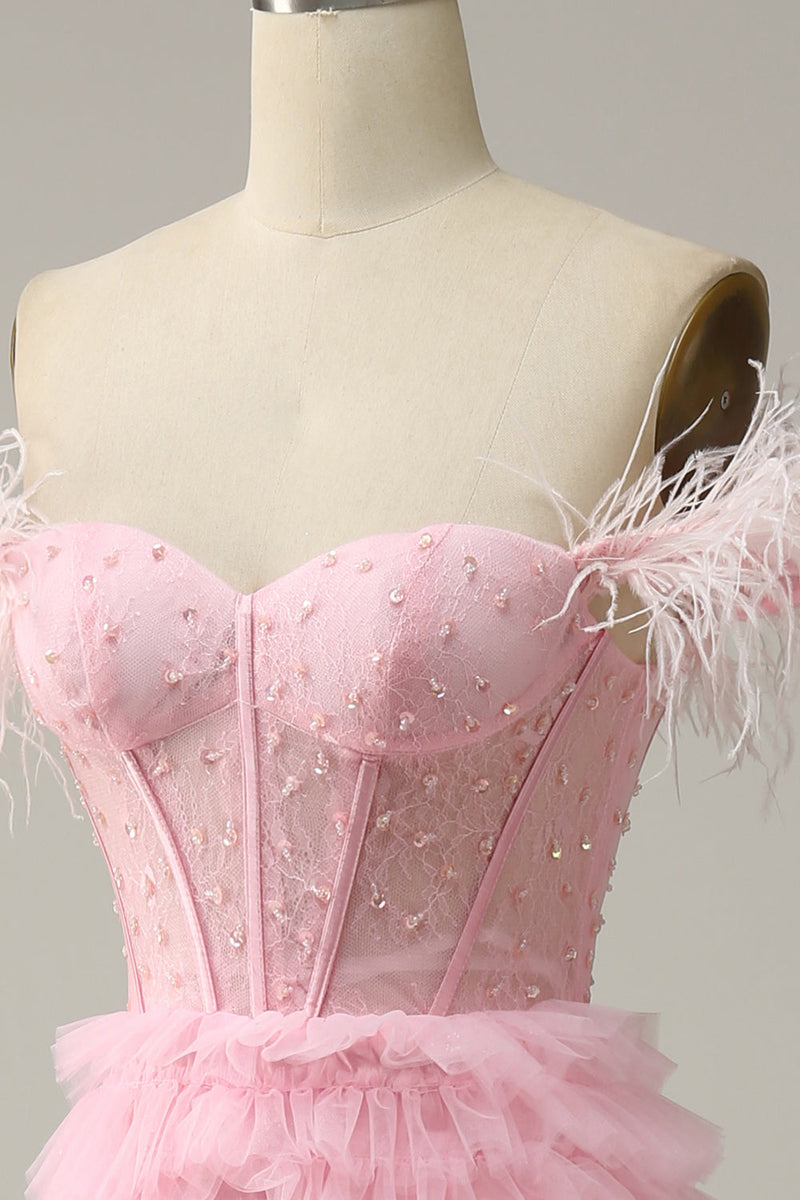 Load image into Gallery viewer, A Line Off the Shoulder Pink Corset Formal Dress with Ruffled Feathers