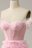 A Line Off the Shoulder Pink Corset Formal Dress with Ruffled Feathers