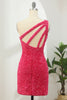 Load image into Gallery viewer, Sparkly Hot Pink One Shoulder Sequins Short Formal Dress