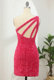 Sparkly Hot Pink One Shoulder Sequins Short Formal Dress