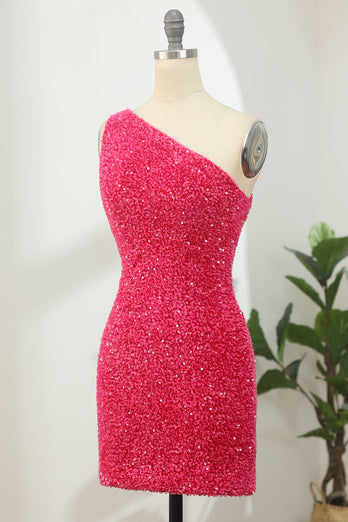 Sparkly Hot Pink One Shoulder Sequins Short Formal Dress
