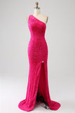 Sparkly Mermaid One Shoulder Fuchsia Sequins Long Formal Dress with Slit