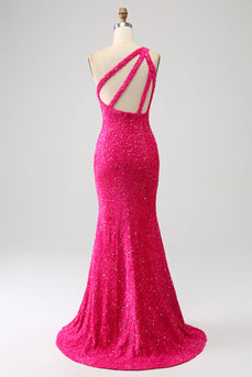 Sparkly Mermaid One Shoulder Fuchsia Sequins Long Formal Dress with Slit